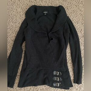 Chic Black Shawl Collar Buckle Knit Sweater